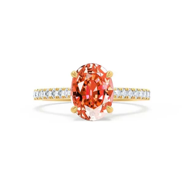 VIOLA Chatham® Padparadscha Oval & Diamond 18k Yellow Gold Shoulder Set Ring - Image 4