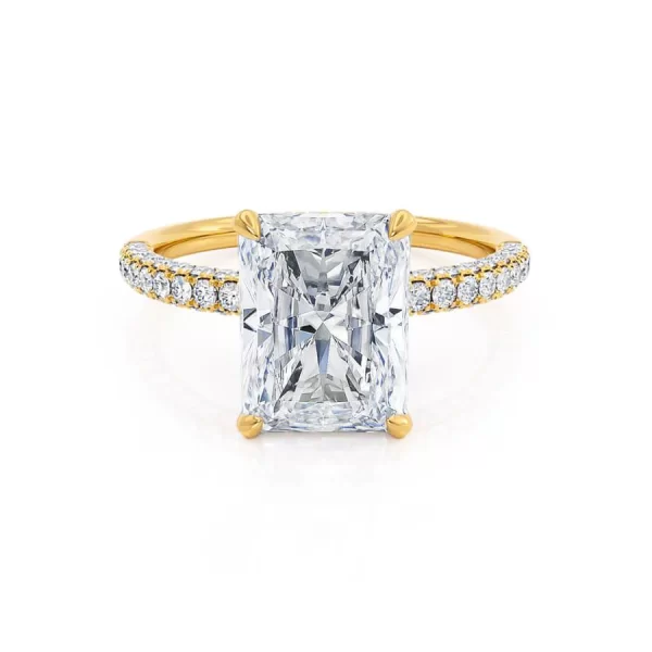 COCO Radiant Moissanite & Diamond 18k Yellow Gold Petite Hidden Halo Triple Pavé Shoulder Set Ring - Image 5