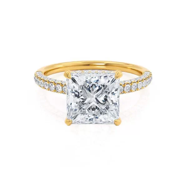 COCO Princess Moissanite & Diamond 18k Yellow Gold Hidden Halo Triple Pavé Shoulder Set - Image 5