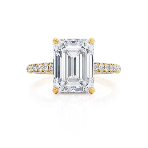 COCO Emerald Moissanite & Diamond 18k Yellow Gold Petite Hidden Halo Triple Pavé Ring - Image 4