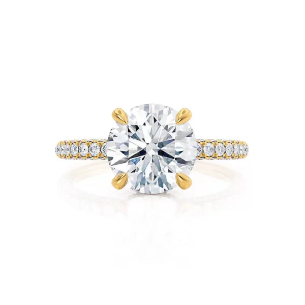 COCO Round Moissanite & Diamond 18k Yellow Gold Petite Hidden Halo Triple Pavé Shoulder Set Ring - Image 3