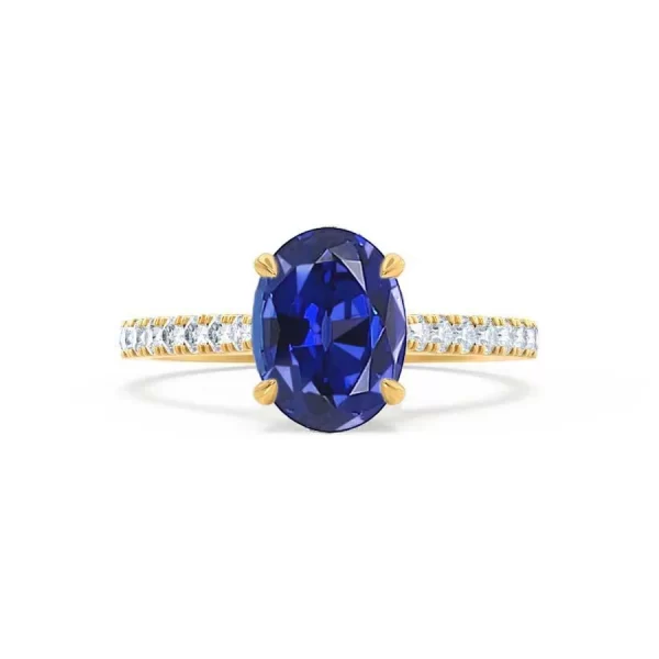 VIOLA Chatham® Blue Sapphire Oval & Diamond 18k Yellow Gold Shoulder Set Ring - Image 4