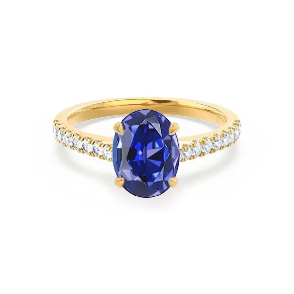 VIOLA Chatham® Blue Sapphire Oval & Diamond 18k Yellow Gold Shoulder Set Ring