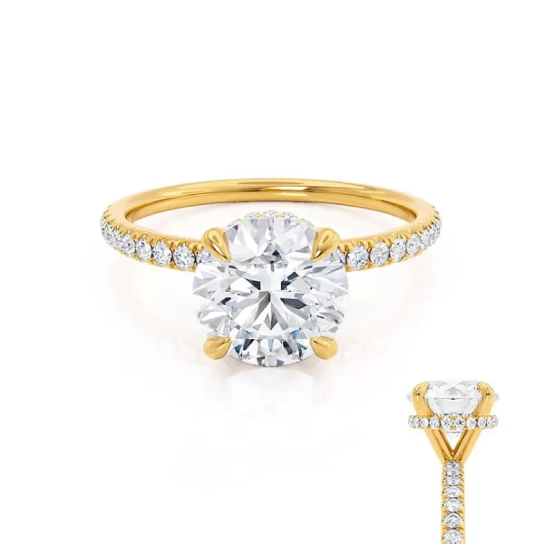 LIVELY Round Moissanite & Diamond 18k Yellow Gold Petite Hidden Halo Pavé Shoulder Set Ring