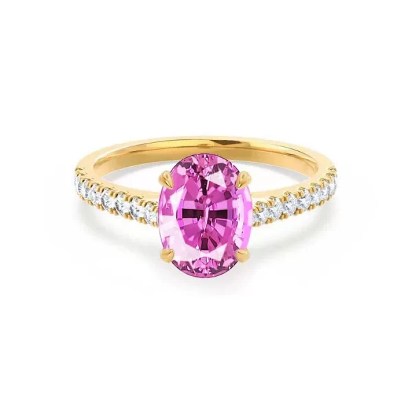 VIOLA Chatham® Pink Sapphire Oval & Diamond 18k Yellow Gold Shoulder Set Ring