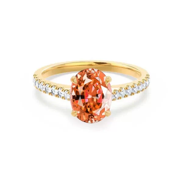 VIOLA Chatham® Padparadscha Oval & Diamond 18k Yellow Gold Shoulder Set Ring