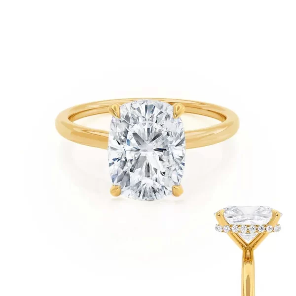 PARIS Elongated Cushion Moissanite & Diamond 18k Yellow Gold Hidden Halo