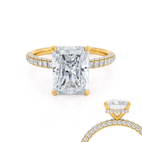 COCO Radiant Moissanite & Diamond 18k Yellow Gold Petite Hidden Halo Triple Pavé Shoulder Set Ring